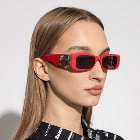 NEW Balenciaga BB0096S 015 Red Silver Logo Rectangle Unisex Sunglasses - Picture 12 of 12